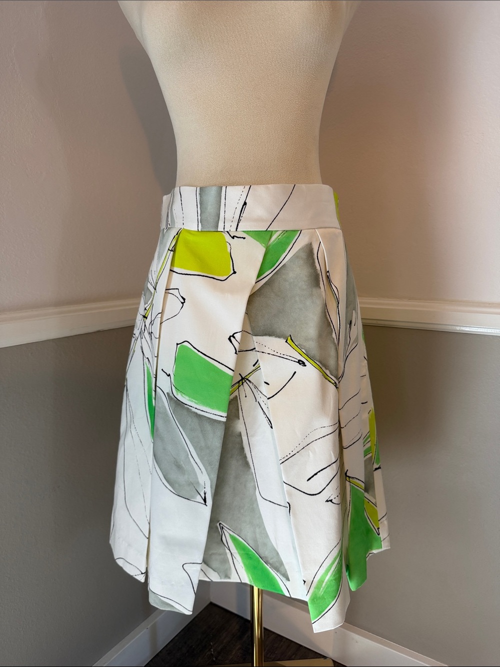 Milly Green and Gray Pleated Midi Skirt
